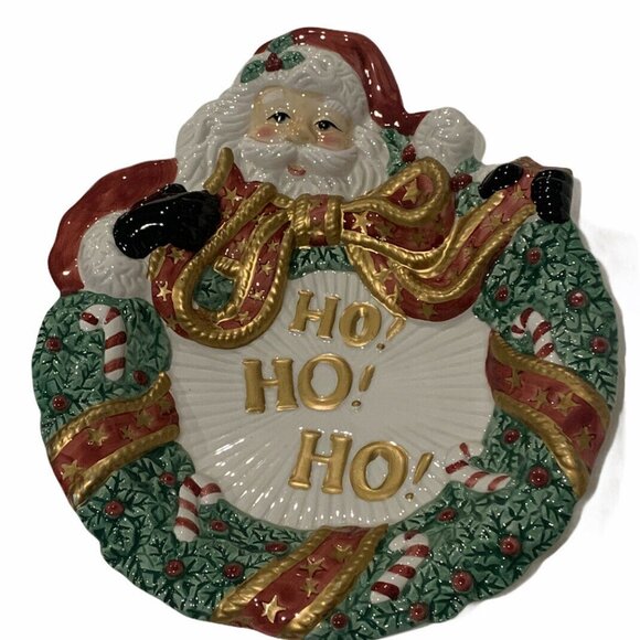 Fitz and Floyd Essential Santa Wreath Christmas Ho Ho Ho Cookie Canape Plate 8" - Picture 1 of 10